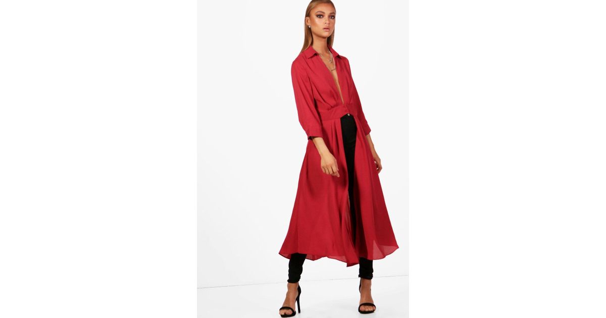 plunge neck split maxi shirt