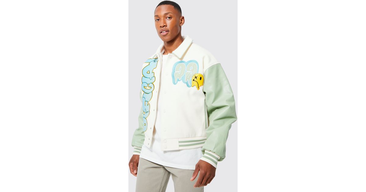 BoohooMAN Boxy Ombre Varsity Jacket With Pu Sleeves in White for Men Lyst