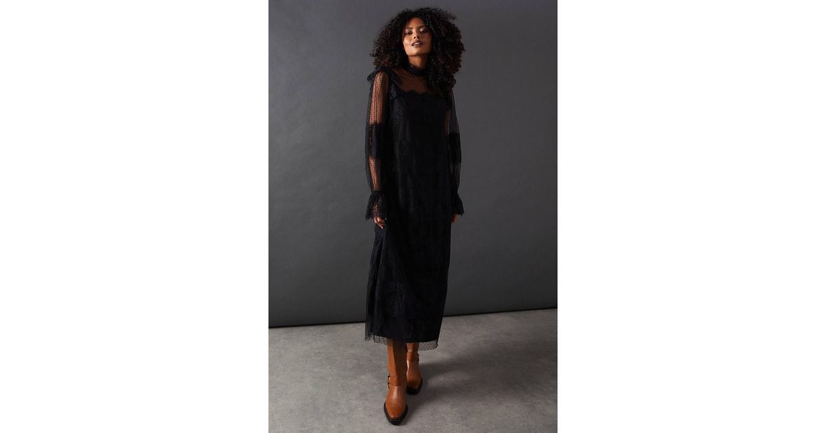 Warehouse Lace Dobby Ruffle Neck Midi Smock Dress in Black | Lyst Warehouse Lace Dobby Ruffle Neck Midi Smock Dress in Black | Lyst