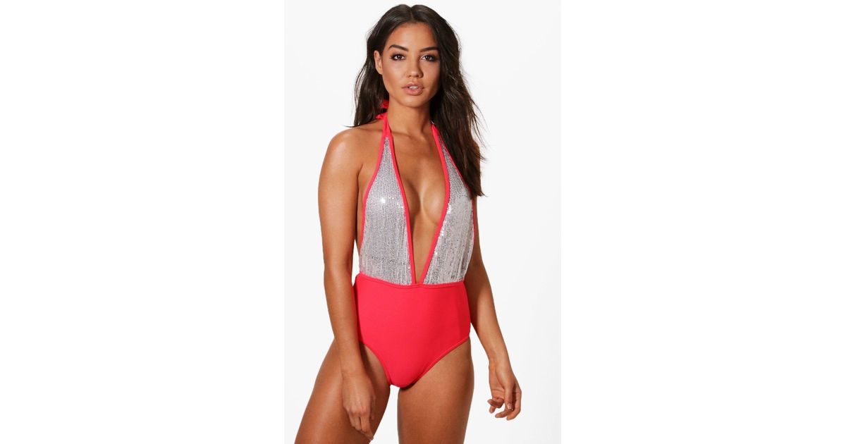 red sequin swimsuit