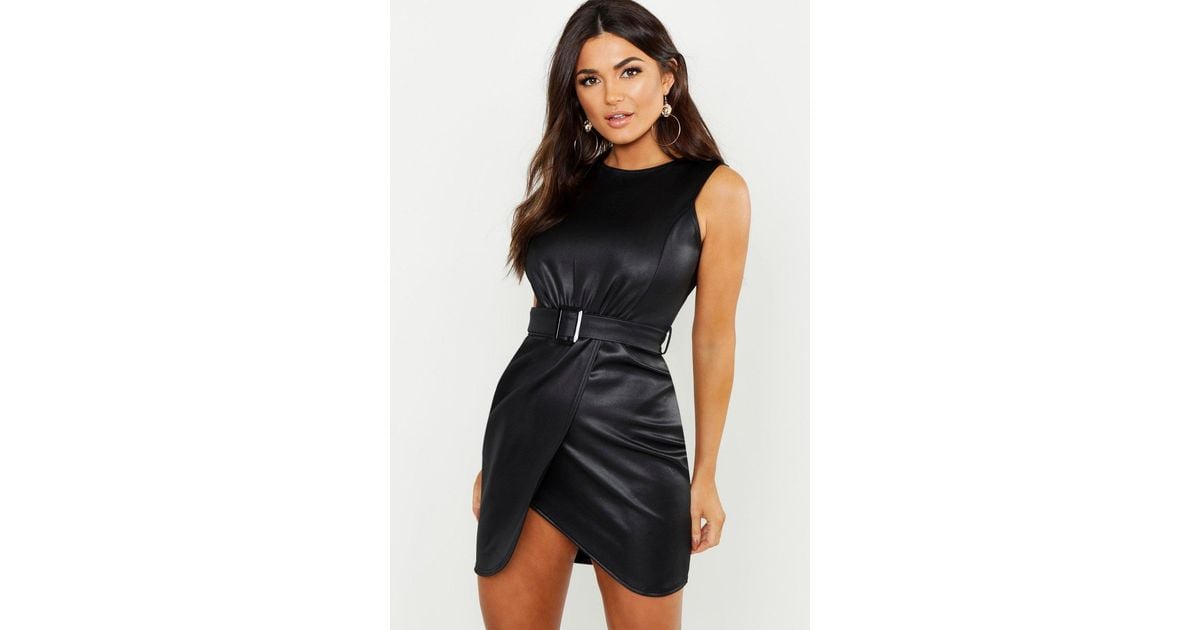 Boohoo Pu Belted Wrap Bodycon Dress in 