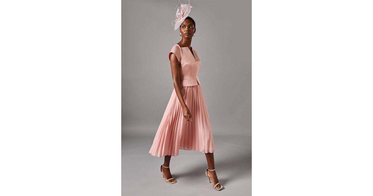 Coast Cap Sleeve Pleated Skirt Midi Wedding Guest Dress in Pink | Lyst