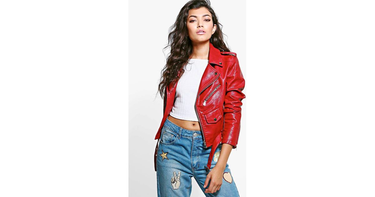 Lyst Boohoo Crop Leather Look Biker Jacket