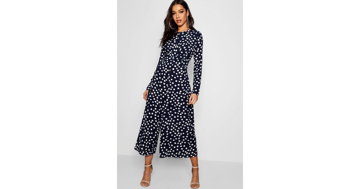 twist front polka dot jumpsuit