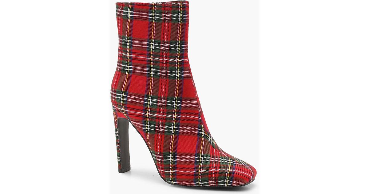 red plaid heel boots