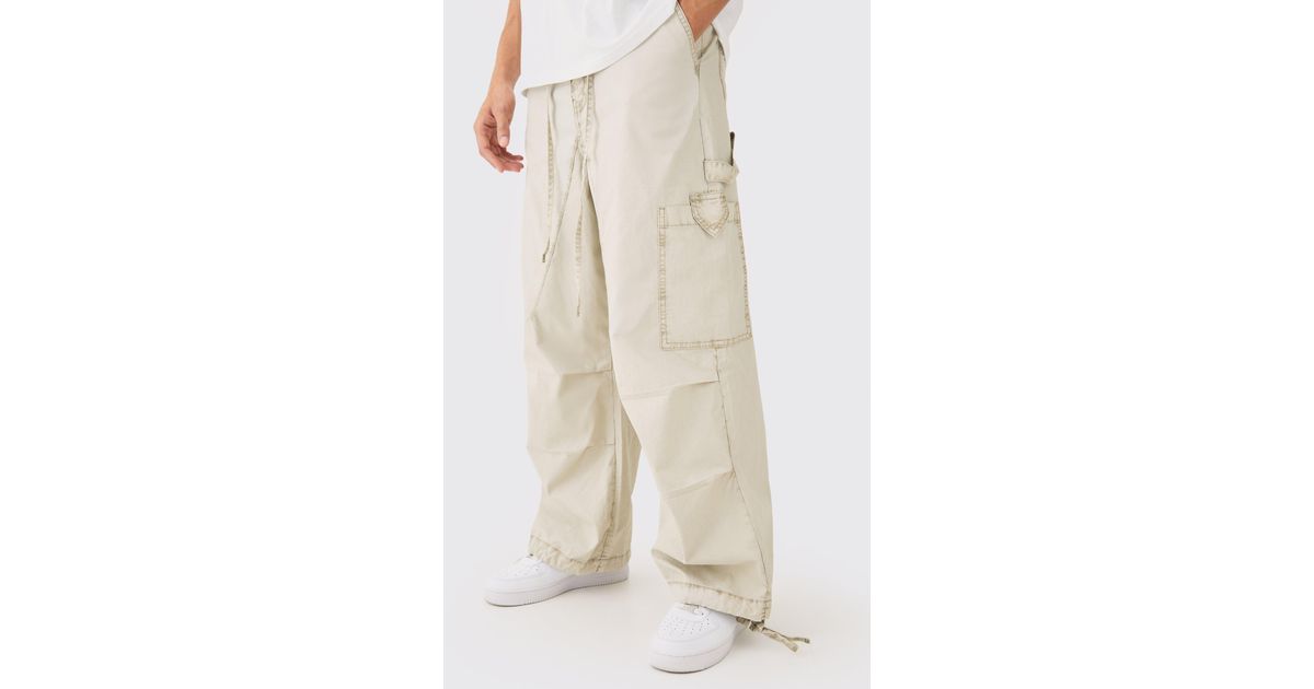 Boohoo Fixed Waist Overdye Carpenter Parachute Pants in Natural | Lyst