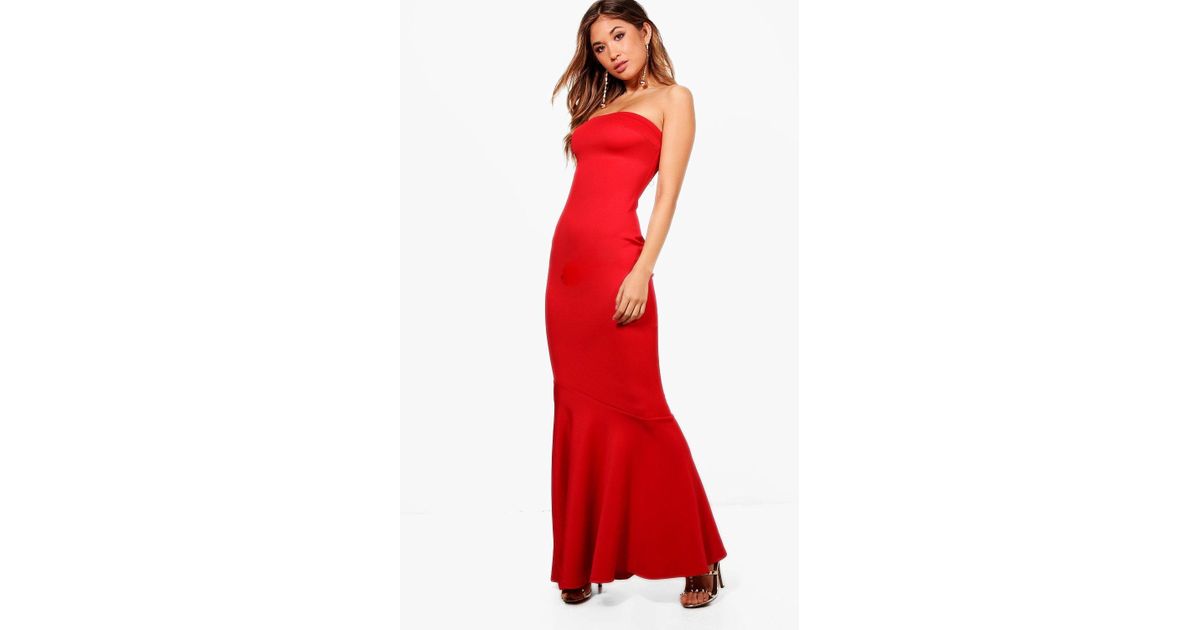 red bandeau frill hem maxi dress