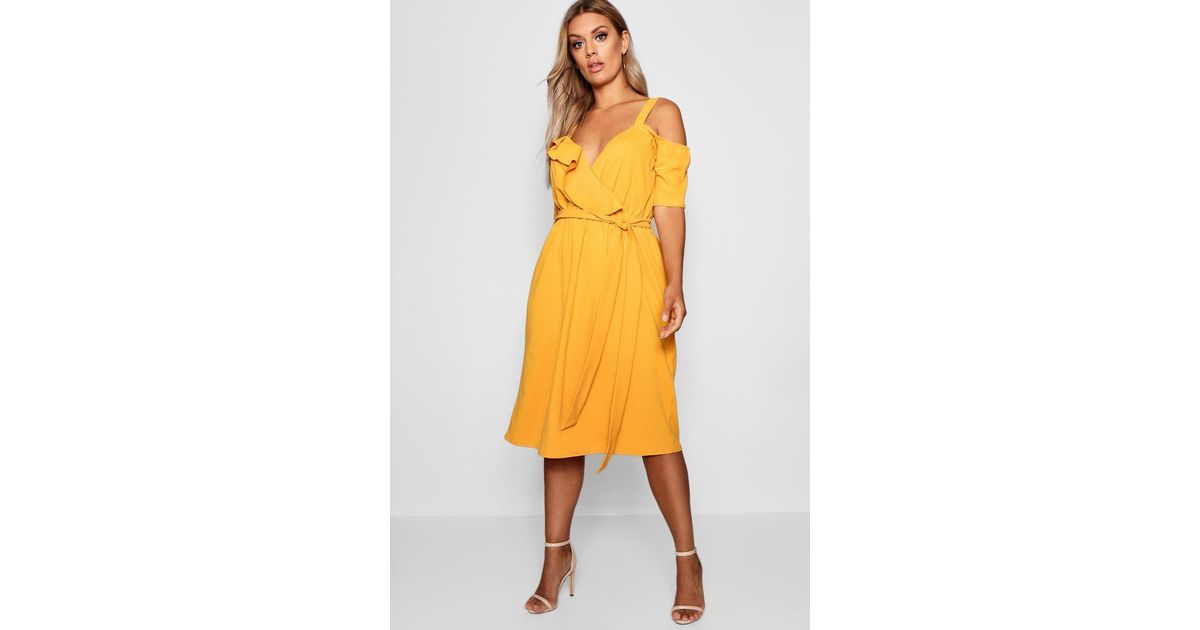 plus plunge ruffle belt midi dress