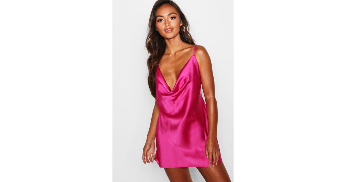 satin cowl neck midi slip dress