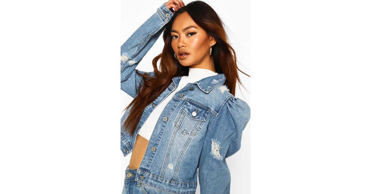 mid blue puff shoulder denim jacket