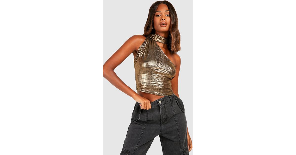 Boohoo Gold Metallic One Shoulder Tie Neck Top in Brown Lyst Canada