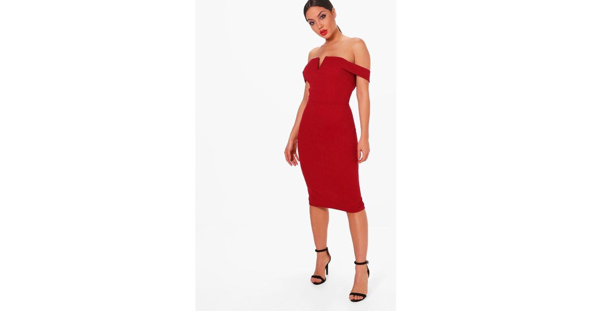 boohoo red bardot dress
