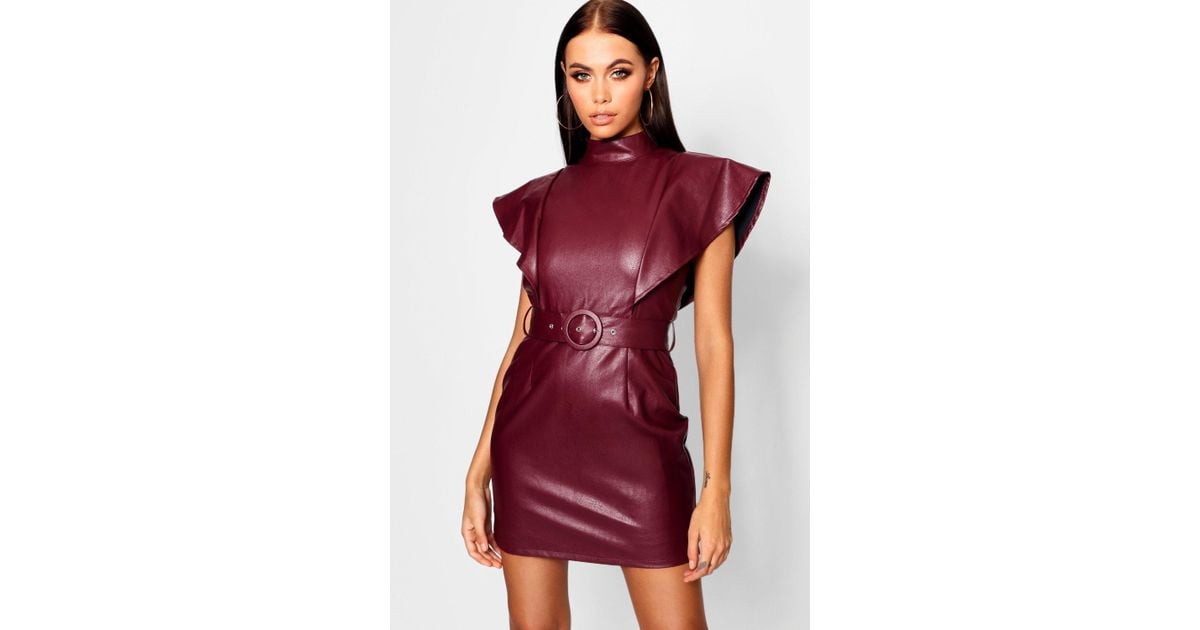 pu belted frill shoulder bodycon dress