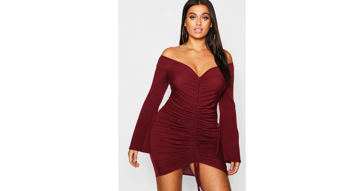 ruched bardot knitted dress