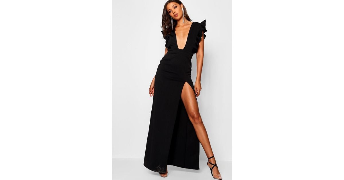 ruffle plunge split leg maxi dress