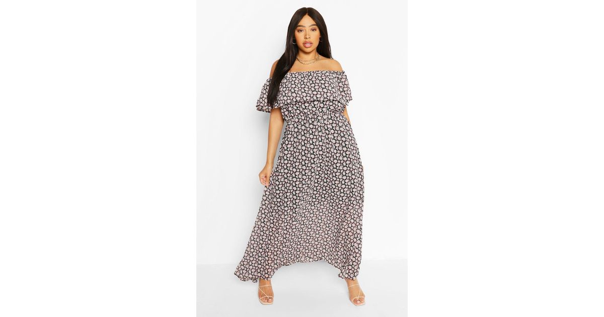 Boohoo Plus Floral Ruffle Bardot Maxi Dress in Black - Lyst
