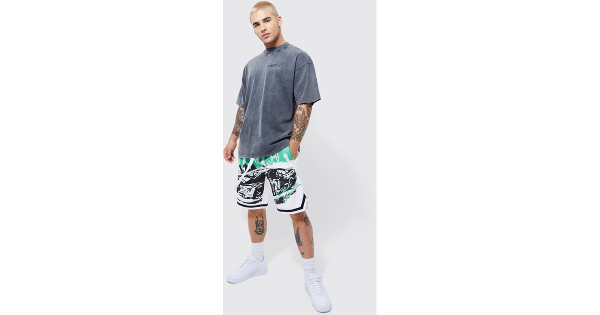 BoohooMAN Oversized Homme Acid Wash Basketball Short Set in Blue for Men Lyst