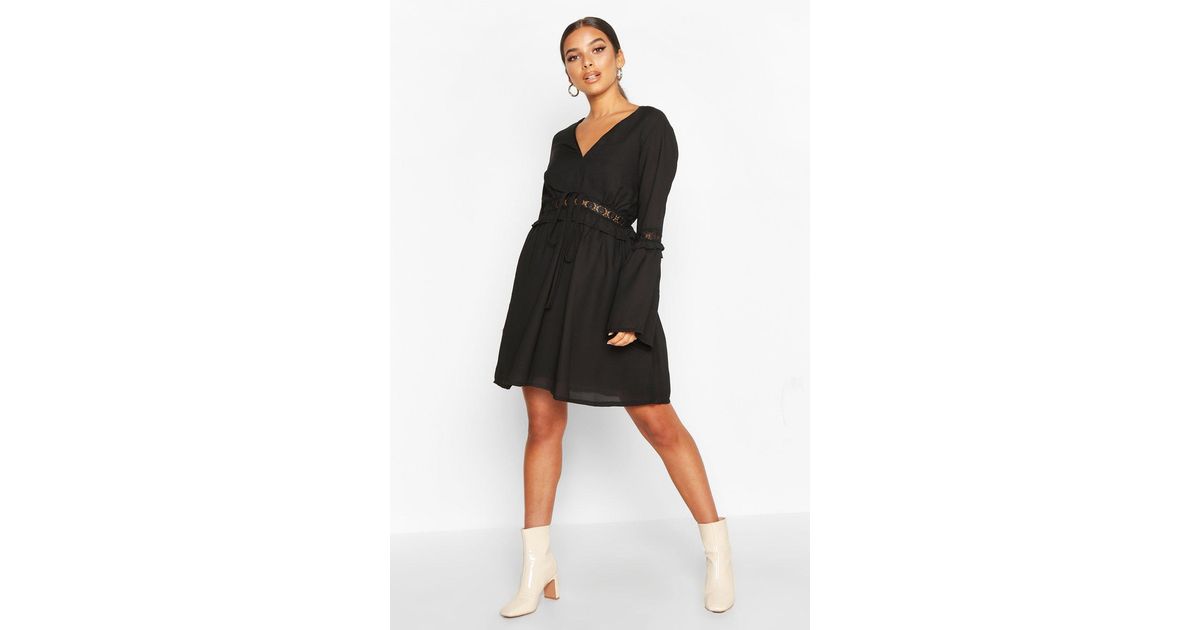 boohoo lace skater dress with flared cuffs in white