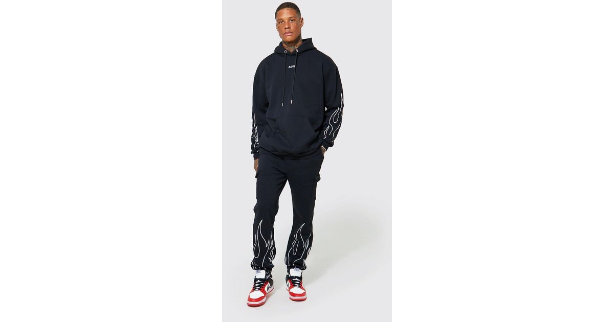 BoohooMAN Cotton Oversized Man Flame Cargo Hooded Tracksuit in Black for Men - Lyst
