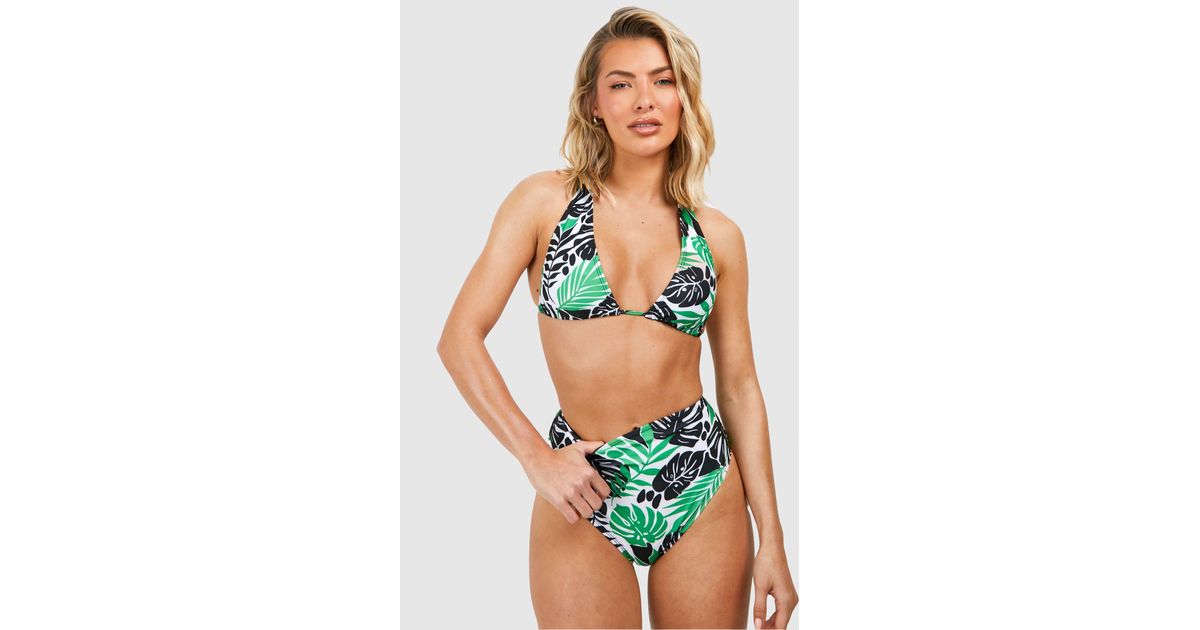 Boohoo Tropical Tie Shoulder High Waist Bikini Set in Green