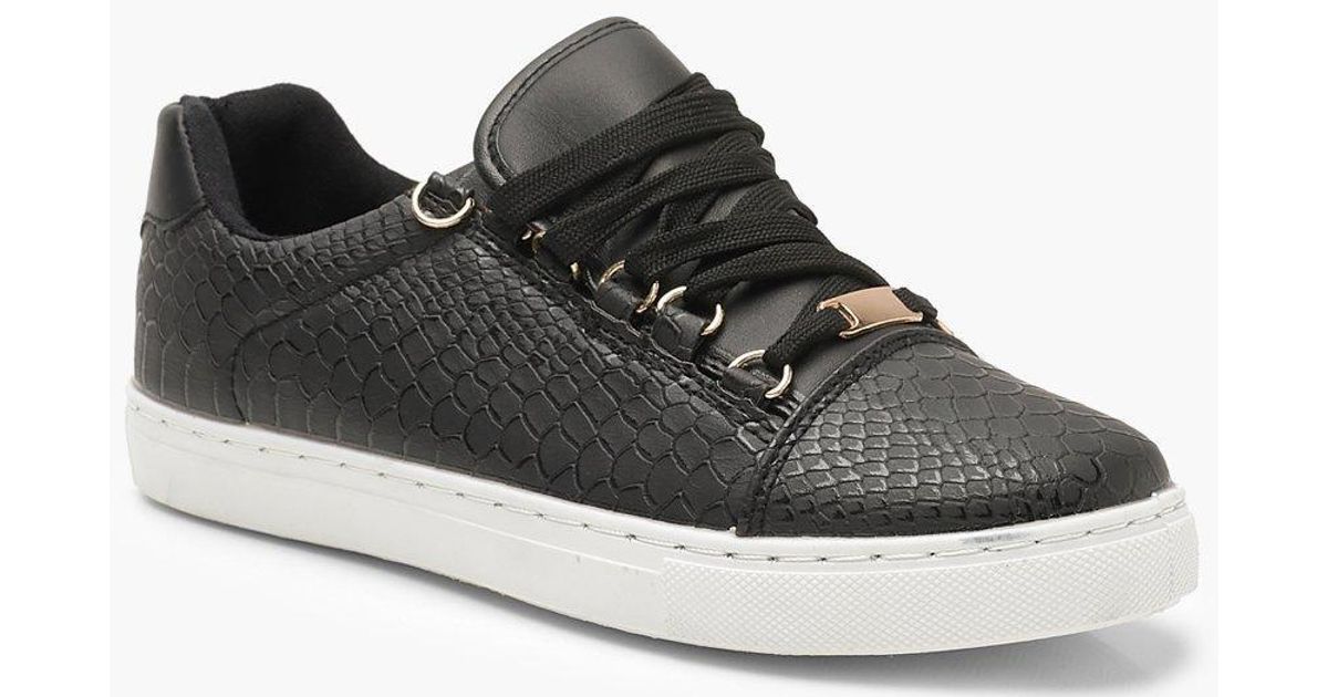Lyst - Boohoo Croc Lace Up Flat Trainers in Black