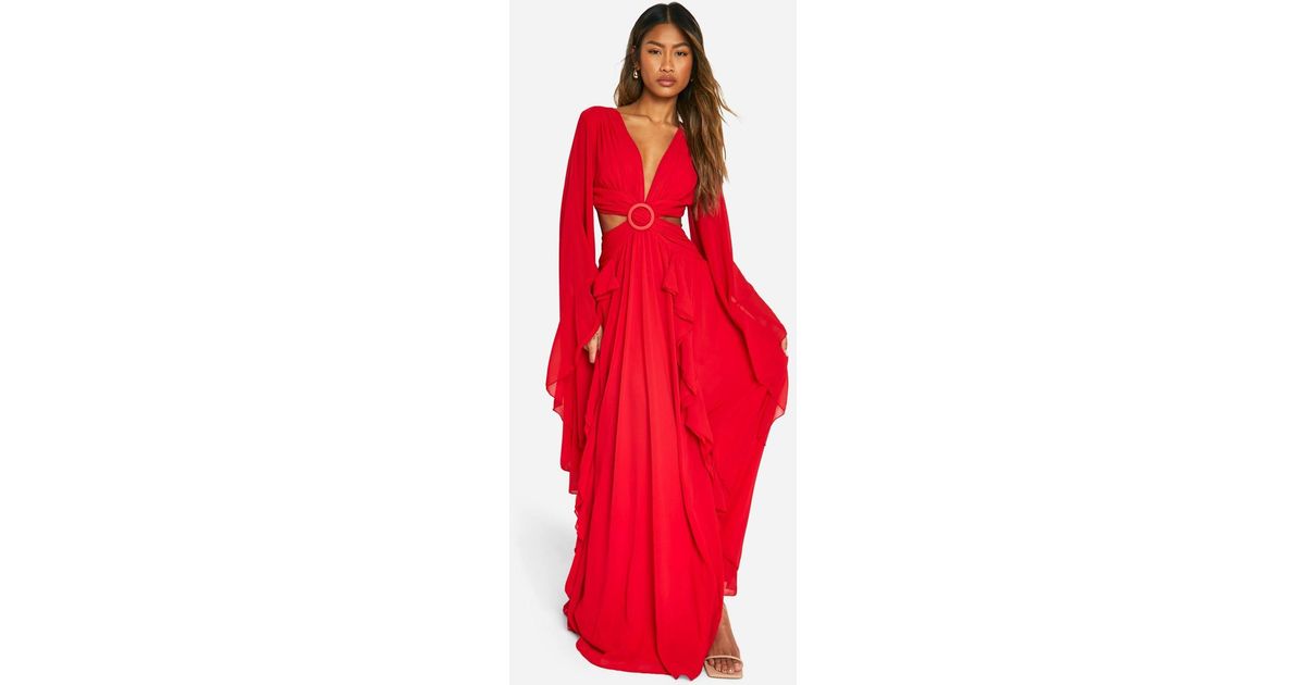 sachin and babi light blue dress Boohoo Chiffon Flare Sleeve Cut Out Maxi Dress in Red