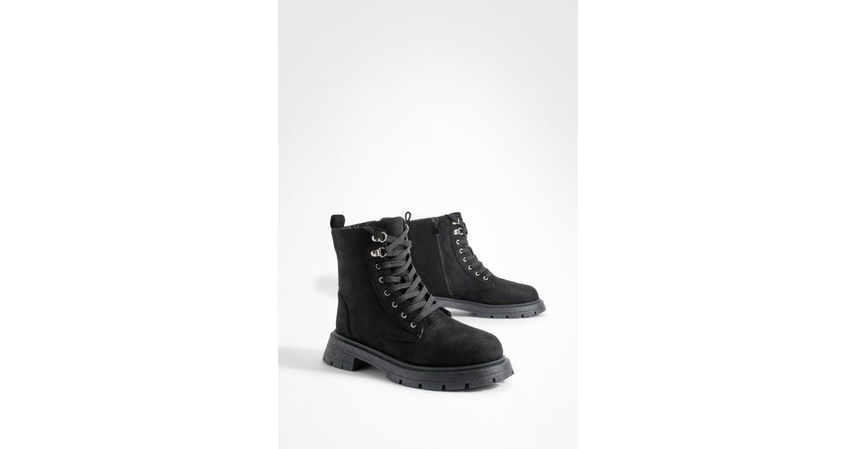 Boohoo Wide Fit Tab Detail Hiker Boots in Black Lyst