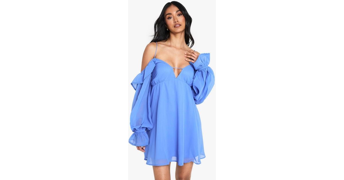 Boohoo Chiffon Cold Shoulder Layered Mini Dress in Blue | Lyst
