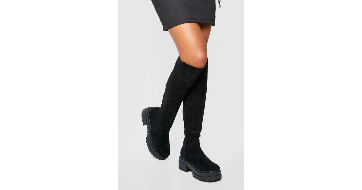 Boohoo Chunky Cleated Knee High Stretch Panel Boots in Black | Lyst