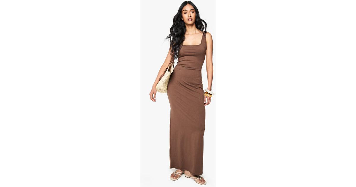boohoo brown maxi dress boohoo Women's Plisse Knot Front Column Maxi Dress in Chocolate