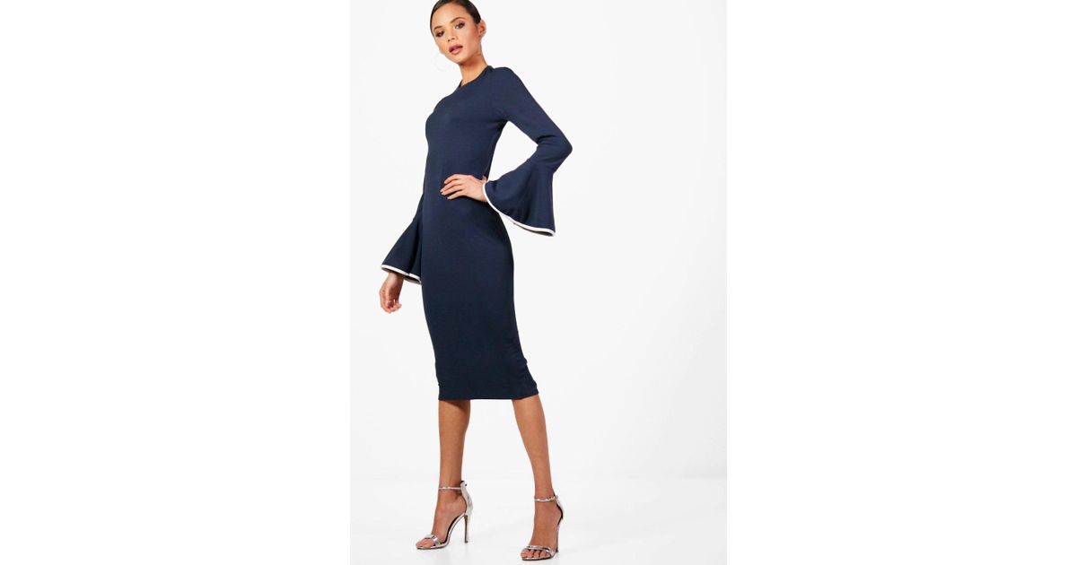 contrast flared sleeve midi dress