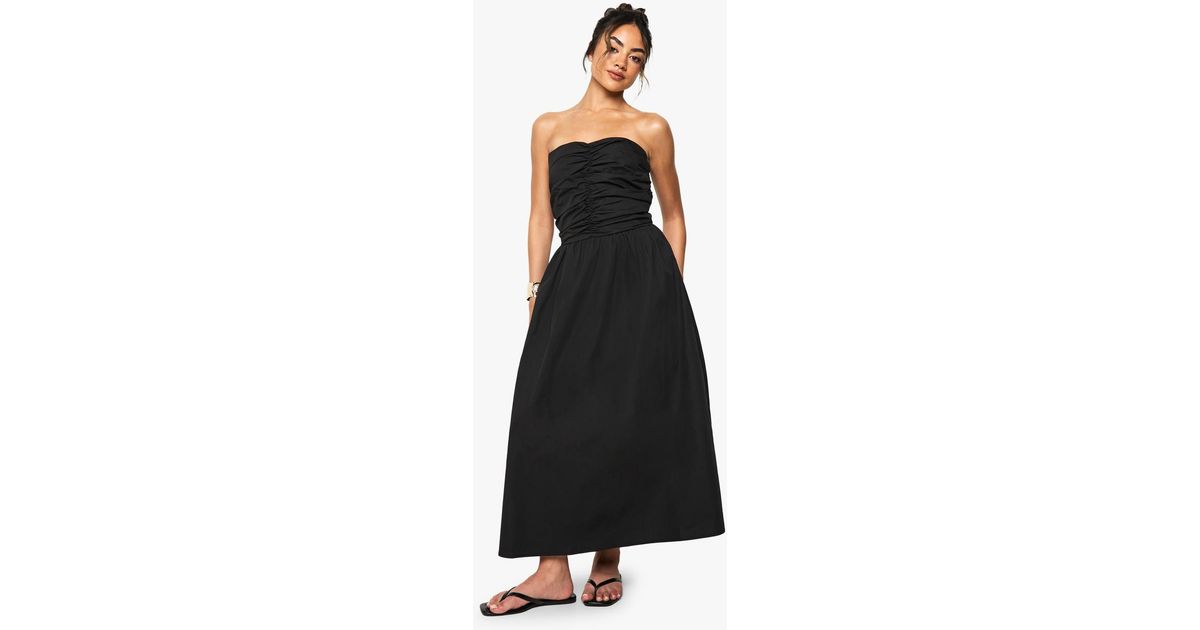 poplin ruched midi dress boohoo Boohoo Cotton Poplin Ruched Detail Midi Dress in Black