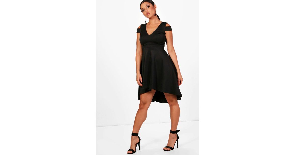 bardot plunge high low skater dress