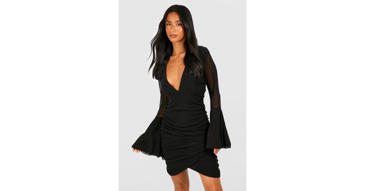 Mesh Plunge Blouson Sleeve Mini Dress