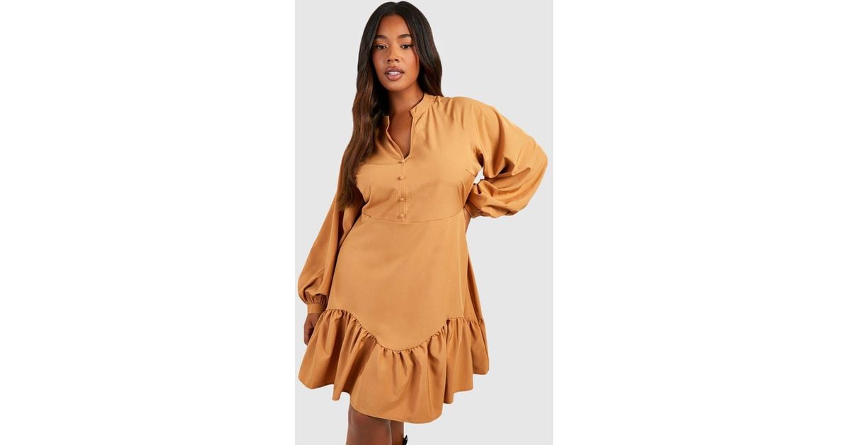 Boohoo Plus Woven Button Down Tiered Smock Dress in Orange