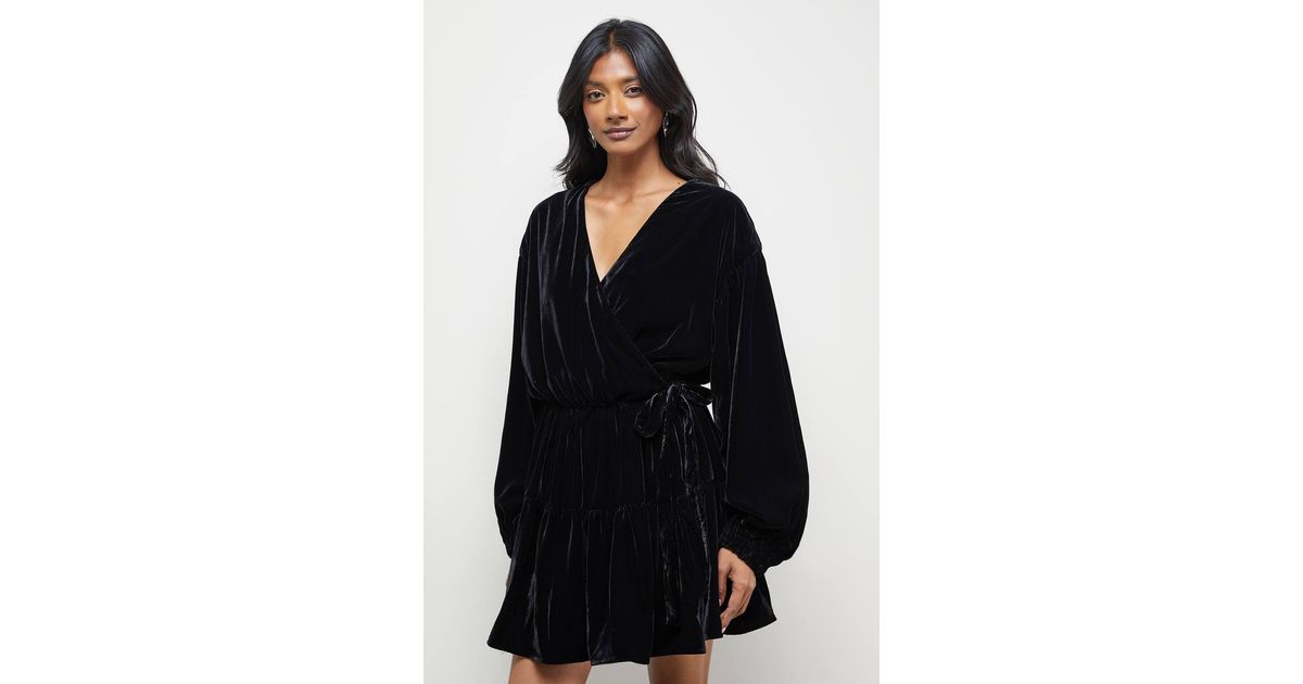 Warehouse Velvet Wrap Mini Smock Dress in Black | Lyst Warehouse Velvet Wrap Mini Smock Dress in Black | Lyst