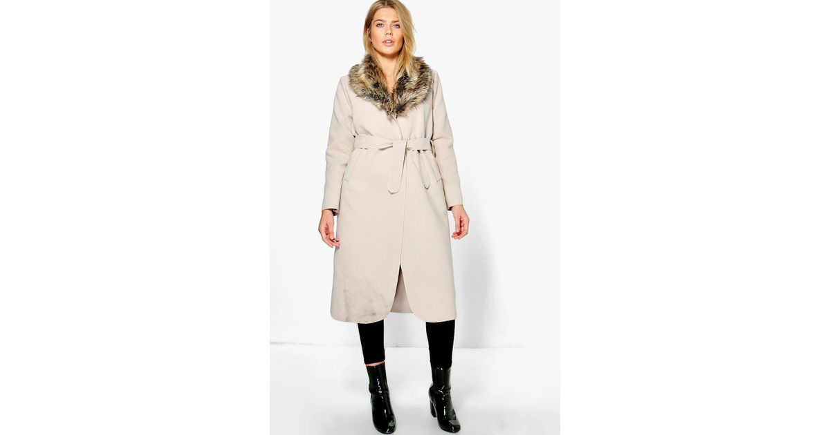 Boohoo Plus Nelly Faux Fur Collar Wrap Coat in Beige (Natural) - Lyst