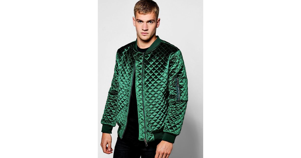 Boohoo Denim Emerald Diamond Quilted Velour Bomber Jacket in Green for Men - Lyst