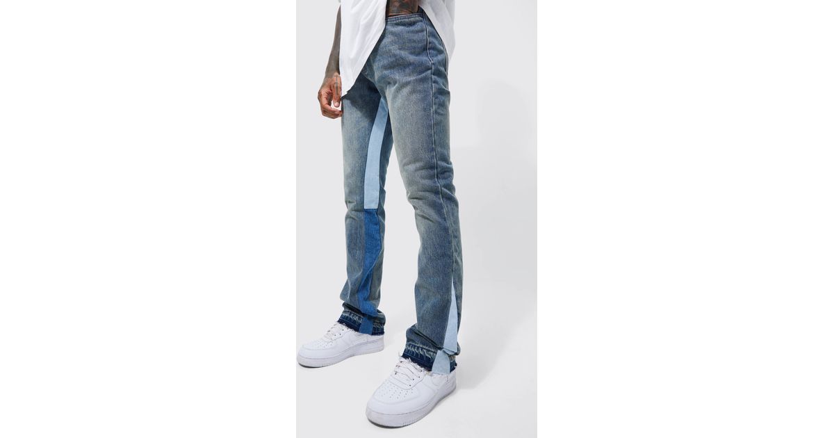 BoohooMAN Slim Rigid Flare Panelled Tinted Jeans in Blue for Men Lyst