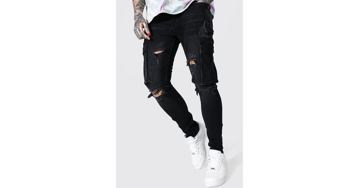 BoohooMAN Denim Super Skinny Multi Rip Cargo Jeans in Black for Men Lyst