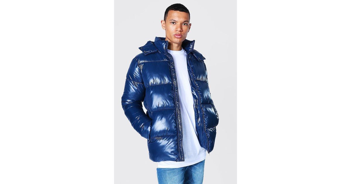 high shine hooded puffer jacket boohooman