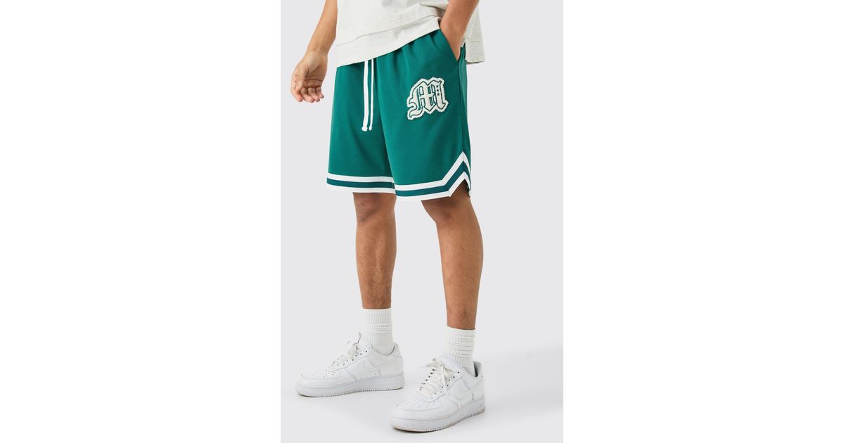 BoohooMAN Loose Fit M Applique Mesh Basketball Short in Green for Men