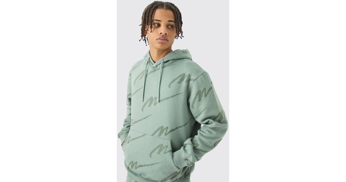 BoohooMAN Man Signature All Over Print Hoodie in Green for Men Lyst