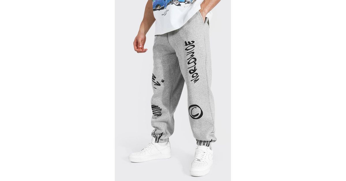 BoohooMAN Synthetic Oversized Worldwide Graffiti Joggers in Grey (Gray) for Men - Lyst