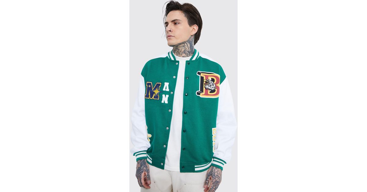 BoohooMAN Oversized Bm Jersey Varsity Jacket in Green for Men Lyst