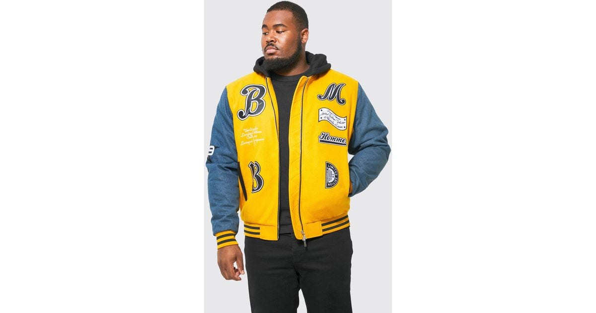 BoohooMAN Plus Bm 13 Varsity Jacket With Denim Sleeves in Yellow for