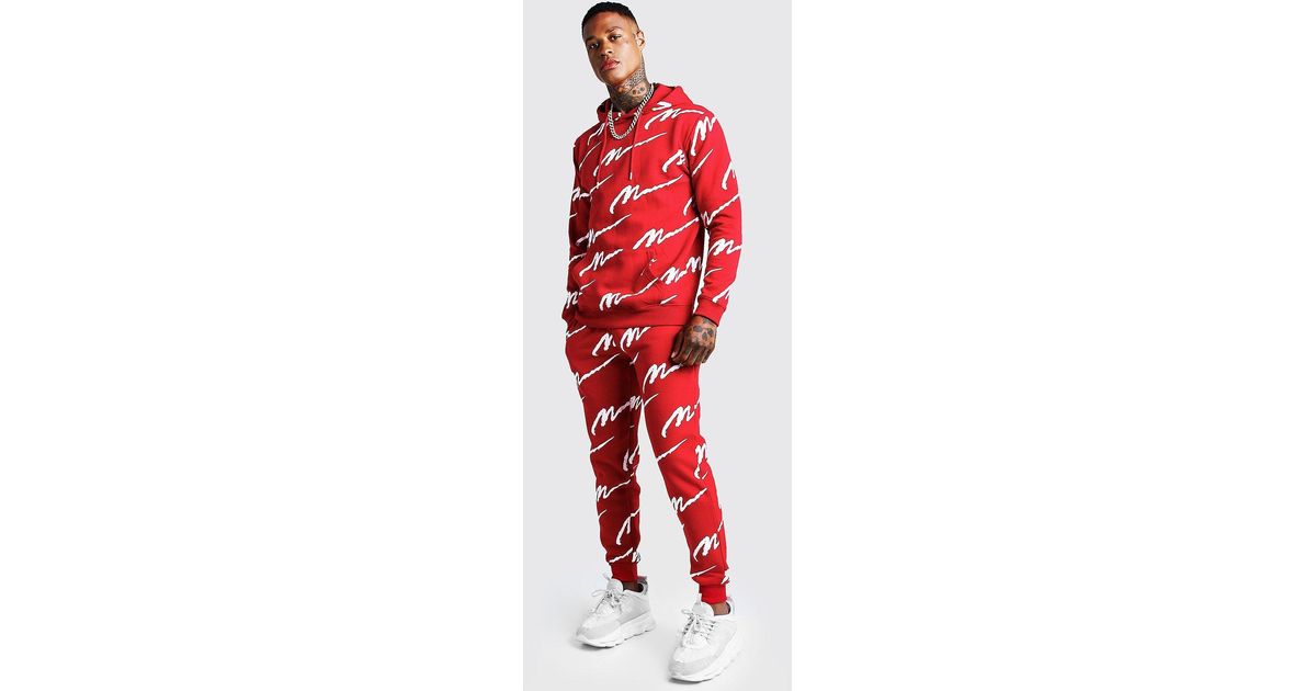 Boohooman All Over Print Tracksuit Red 2024 www.alhudapk