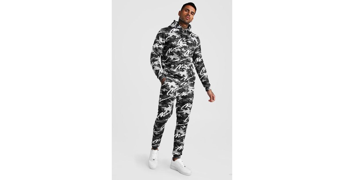 all over man printed hooded tracksuit grey