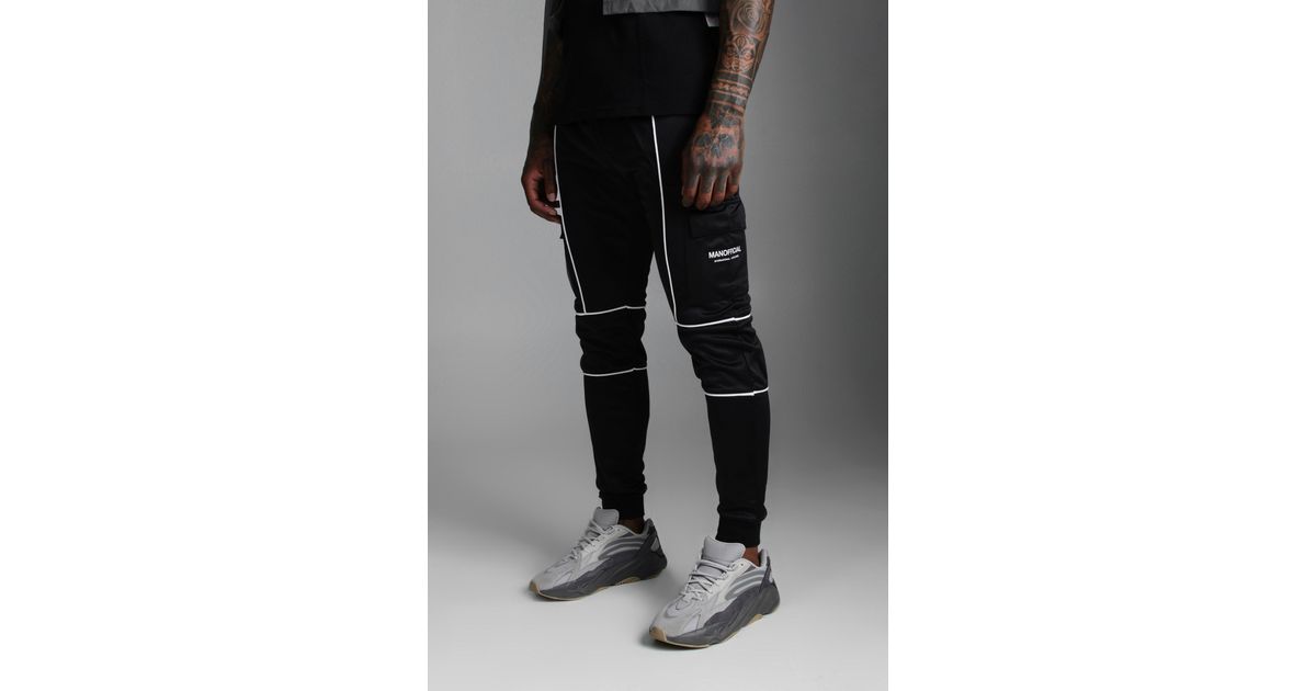 BoohooMAN Official Man Print Tricot Cargo Jogger With Piping in Black for Men - Lyst