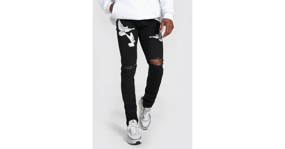 BoohooMAN Skinny Stretch Stacked Dove Print Jeans in Black for Men | Lyst